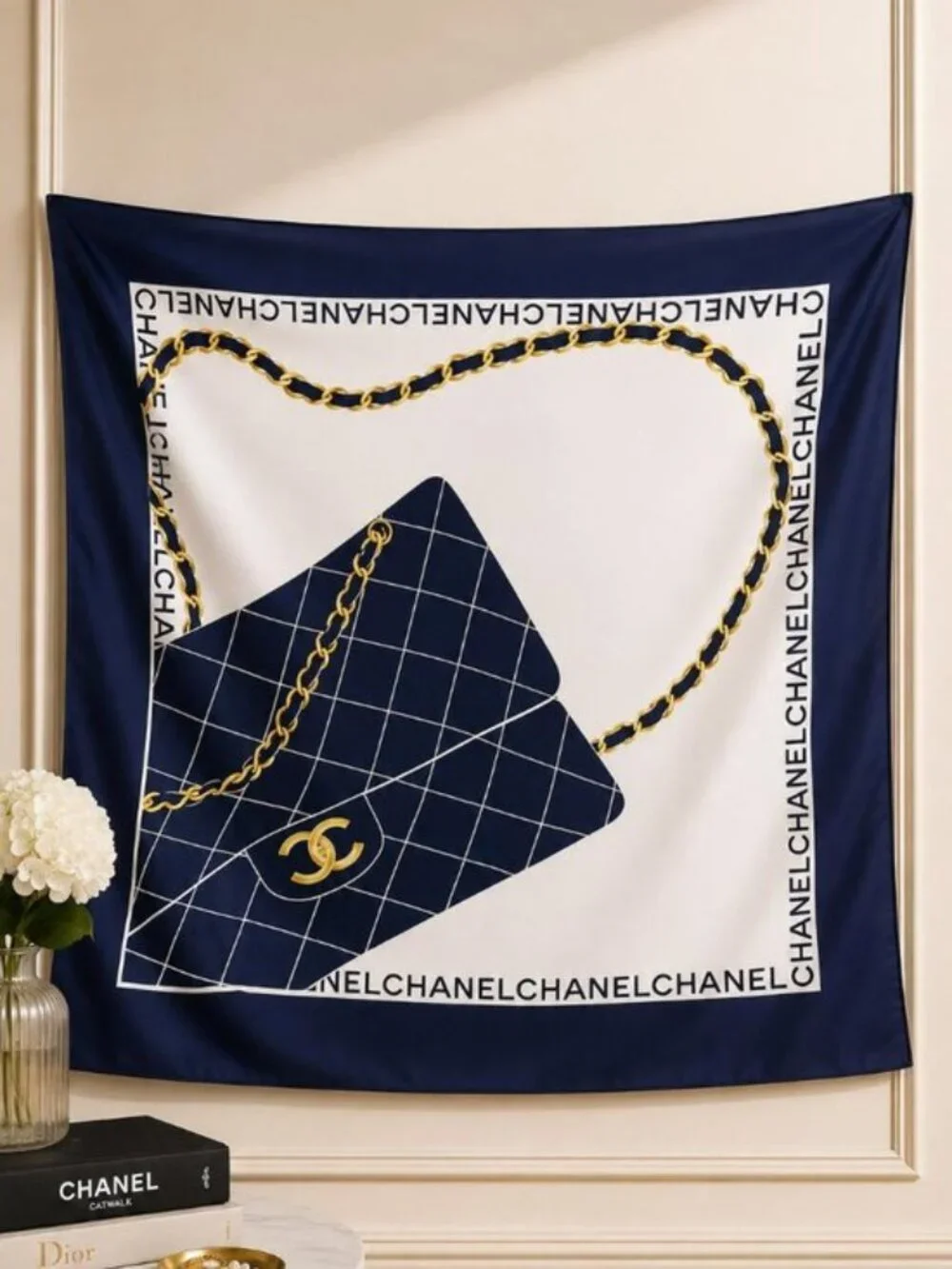 Authentic CHANEL Classic Flap Bag Chain Silk Scarf Navy White Gold CC Logo